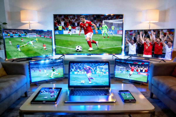多个电子设备同时播放不同足球比赛的画面，展示多屏观看体验