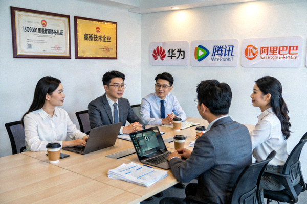 商务团队在会议室讨论，墙上挂着资质证书和合作品牌标志